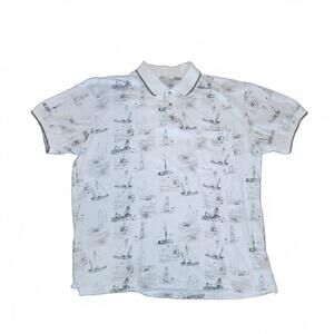 Island Blue Men's White Polo Shirt with Nautical Print, XL